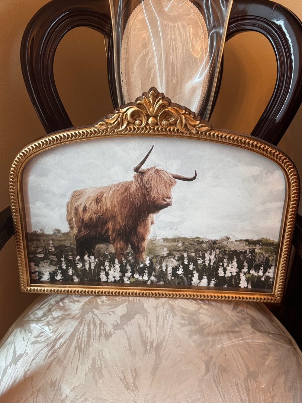 Hobby Lobby Gold Framed Highland Cow Art with Cream Sky and Brown Fur